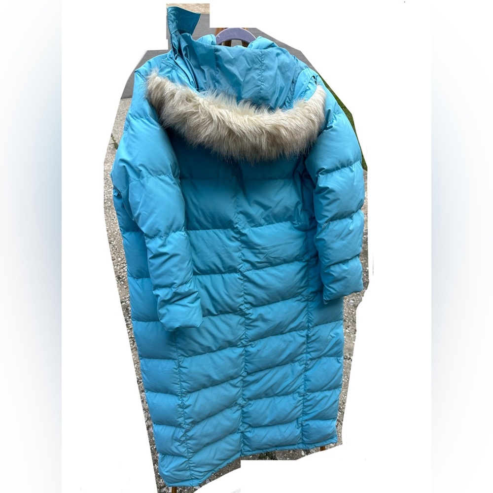 L.L. Bean Goose Down Long Duster Jacket Puffer Hoodie Turquoise size XL Women - Picture 2 of 16